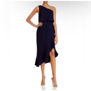 AQUA Dress Size 4 Stretch Crepe One Shoulder Navy Formal Midi Cocktail Evening